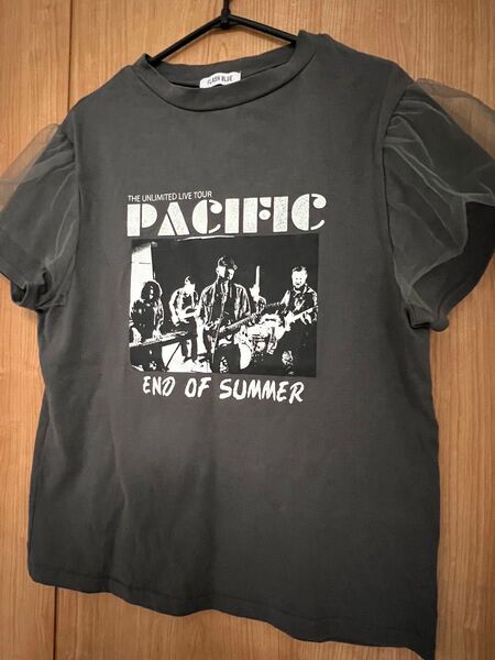 美品人気流行FLASHBLUEチュール袖ロックテイストバンドプリントTシャツ半袖カットソーグレー黒白シアー