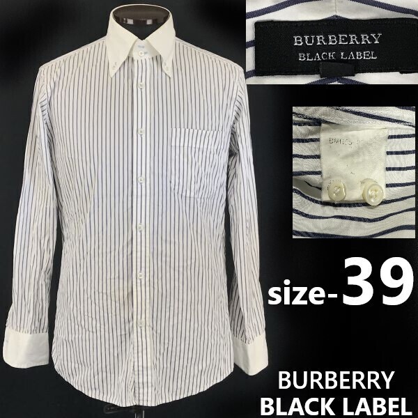 三陽商会★バーバリー/BURBERRY BLACK LABEL★長袖クレリックシャツ【size-39/メンズM程度/ネイビー×ホワイト/ストライプ柄】tops◆pBG731
