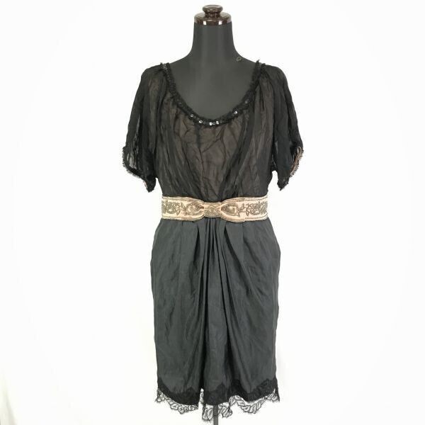 グレースコンチネンタル★シルク100%/ドレスワンピース【38/レディースM/黒系】結婚式/半袖/ビジュー/GRACE CONTINENTAL◆BF322