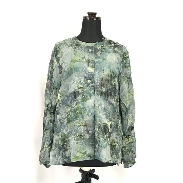 Leilian/レリアン★絹/シルク100%/長袖シースルーシャツ/ブラウス【Women's size-XL/13+/緑/Green/総柄】Tops/Shirts◆BH140