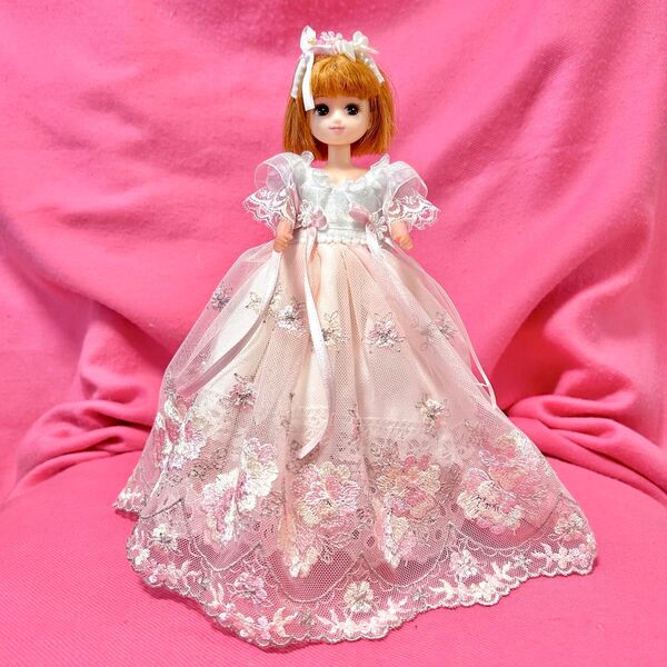 リカちゃん ハンドメイド ドール服 ピンク ドレス レース ウェディング 花柄レース 淡色 リボン パステル 姫 カチューシャ