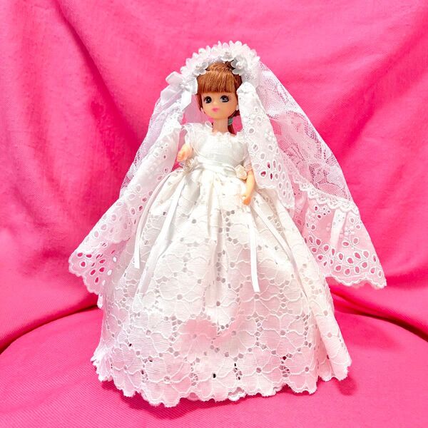 リカちゃん ハンドメイド ドール服 ウェディングドレス 純白 レース 花柄 ヴェール リボン ゴージャス 姫 パール 白薔薇