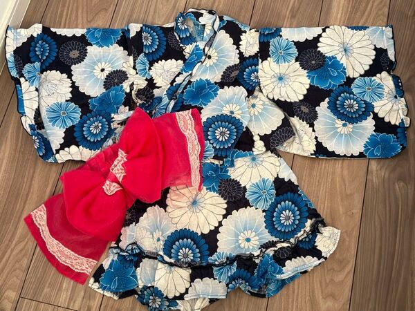 浴衣 キッズ 100cm 花柄 ブルー リボン付き 上下セット 女の子