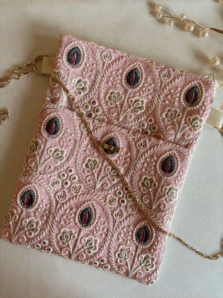 ポシェット*インド刺繍生地ショルダーバッグ*フェイクレザー*御朱印帳*文庫本