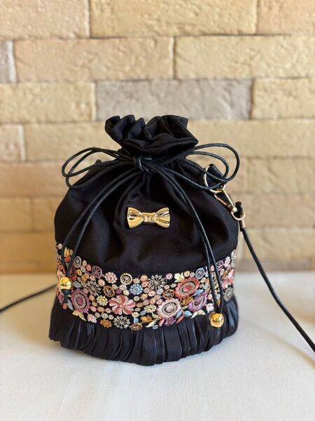 巾着バッグ*インド刺繍リボンショルダーバッグ*帆布*フリル