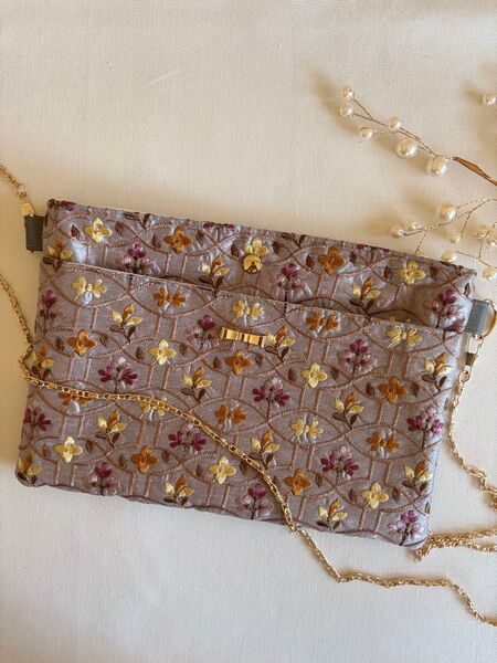 ポシェット*インド刺繍生地ショルダーバッグ*フェイクレザー