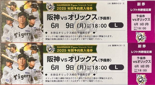 【予備券】6月9日(月) 阪神 vs オリックス 甲子園 レフト2枚