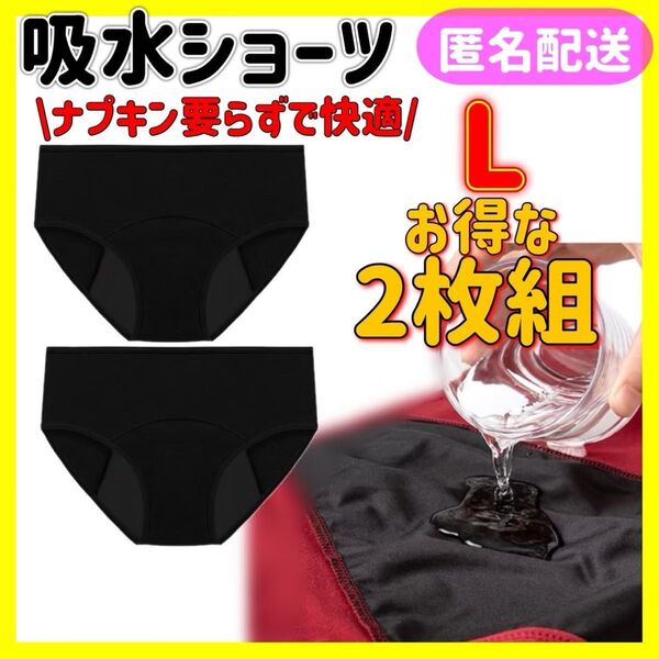 サニタリーショーツ 吸水ショーツ 便利 生理用品 ナプキン不要 部活 デート 尿漏れ 快適 ブラック Lサイズ 2枚組