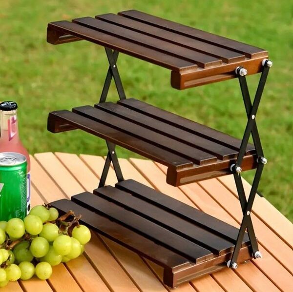 【未使用 】天然木 折り畳み式 3段ラック コンパクト 組立不要 キャンプ BBQ ピクニック キャリーバッグ付き マルチラック