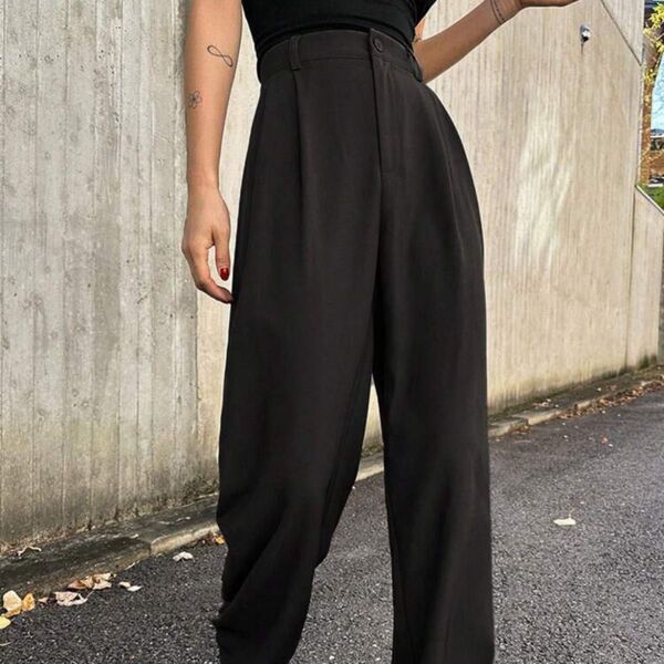 shein シーイン ブラックロングパンツ 夏 黒 韓国 ウエストゴム ブラック