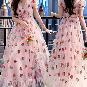 イチゴ柄スパンコール 姫系 ロングワンピース 可愛い☆ S・M・L・XLサイズ サイズをコメントに記入してください 6月迄!