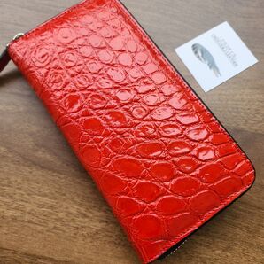 ☆ 希少色 ☆ 実物撮影 一枚革 クロコダイル メンズ長財布 ラウンドファスナー 新品 未使用品 目地染め