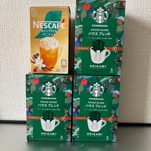 スターバックス オリガミ パーソナルドリップ コーヒー ハウスブレンド(5個入3箱)ネスカフェホイップタイムバニララテ1箱