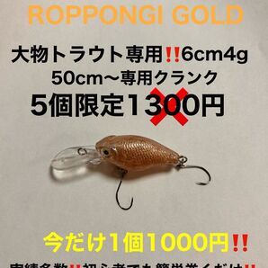 釣り超大物専用クランク6cm4g ROPPONGI GOLD超スレ鱒専用