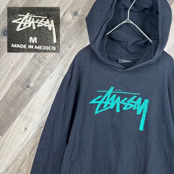 メキシコ製 stussy ステューシー 薄手パーカー ロンT センターロゴ 長袖 ブラック 黒 ストリート 古着
