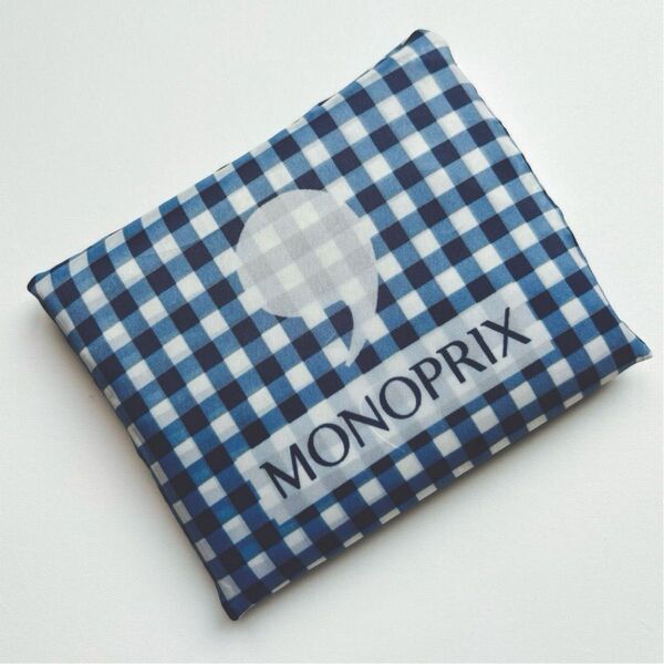 モノプリ エコバッグ MONOPRIX ギンガムチェック ブルー 紺 トートバッグ パリ土産 フランス土産