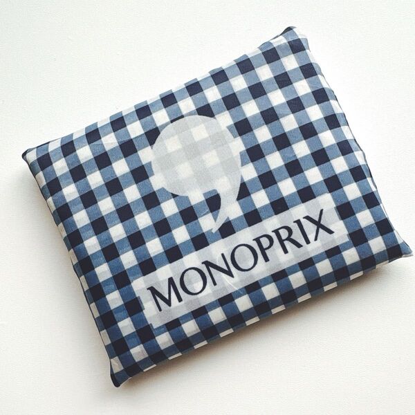 モノプリ エコバッグ MONOPRIX ギンガムチェック ネイビー 紺 トートバッグ パリ土産 フランス土産