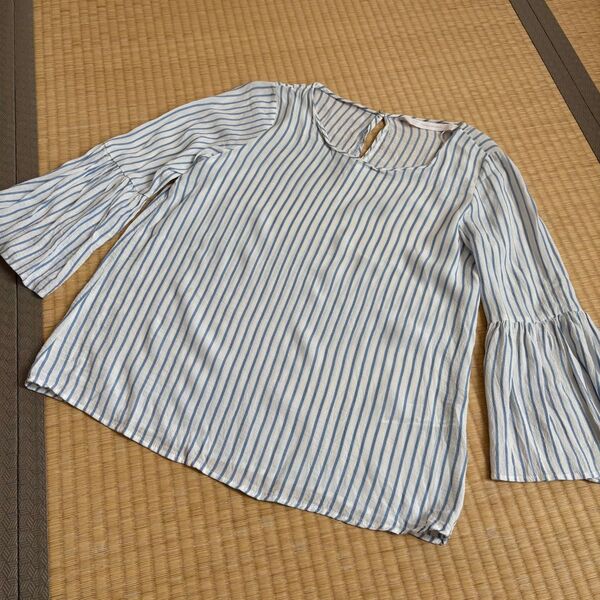 美品 ZARA ストライプ七分袖シャツ フリル袖