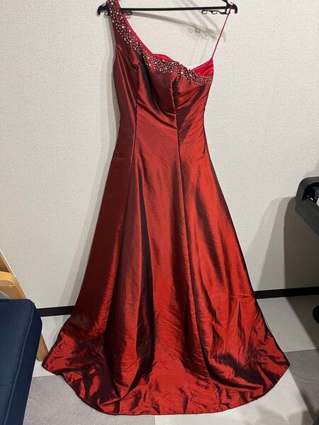 カラードレス ワンショルダー ワインレッド ビーズ刺繍 ロングドレス 結婚式 フォトウェディング 演奏会 クリーニング済み 訳あり