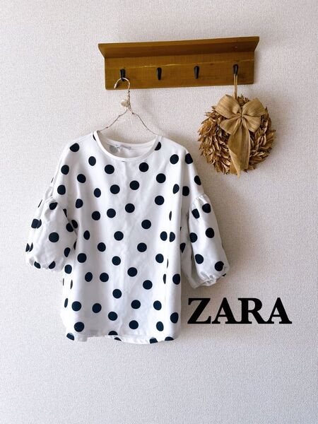 ZARA カットソー Tシャツ 半袖Tシャツ チュニック トップス ドット 水玉 バルーンスリーブ