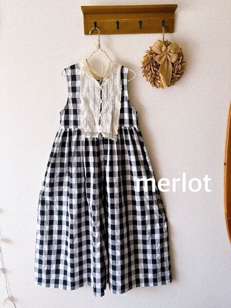 サロペット ギンガムチェック ノースリーブ ワンピース ロング 女子 オーバーオール merlot メルロー オールインワン