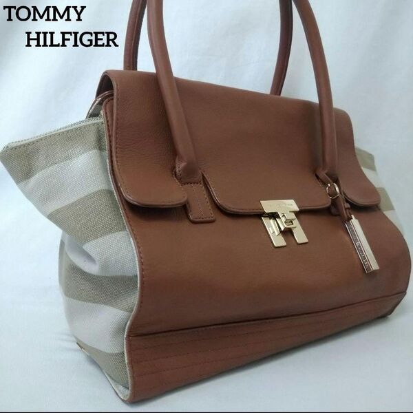 トミーヒルフィガー トートバッグ レザー 逆台形型 ブラウン ゴールド金具 A4 TOMMY HILFIGER