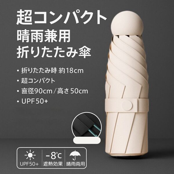 超軽量 18cm 晴雨兼用 UPF50+ ダブルリブ 折りたたみ傘 遮熱 白