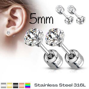 5mm★4本爪 ネジ式キャッチ2way ピアス 一粒ダイヤ ステンレス シルバー