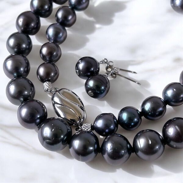 鑑別書付き◇美品◇黒蝶真珠 7.9-10.9mm シルバー ネックレス&WG k14 ピアス セット 南洋パール