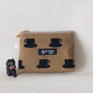 ハンドメイド☆ミニポーチ☆カップ柄☆ブラウン☆コスメポーチ☆12cmファスナーポーチ