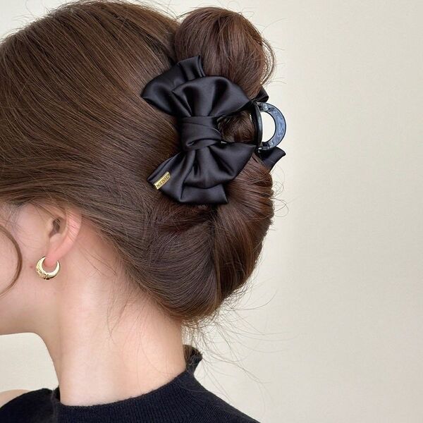 リボンクリップ バンスクリップ バナナクリップ かわいい ヘアアクセ リボン まとめ髪 髪留め 黒 ブラック ヘアアクセサリー