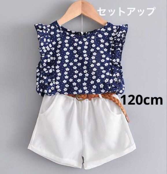 花柄 シャツ 短パン セットアップ 120cm 韓国服 子供服 ベルト付き キッズ 子供 女の子 上下セット
