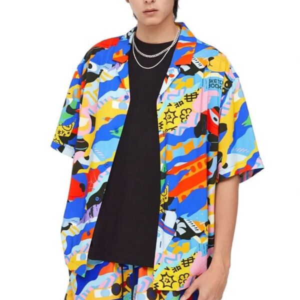 BROLGA H&Mコラボシャツ 柄シャツ メンズ レディース 夏 アロハシャツ マルチカラー シャツ 半袖 総柄