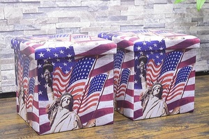 ★送料込み★収納フォールディングストレージスツール ボックス 2個セット USA 星条旗 オットマン スツール 自由の女神