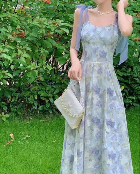 ワンピース ドレス イベント ロング 夏 清涼感 花柄 ノースリーブ お洒落 激安 可愛い 人気 涼しい リボン 水色