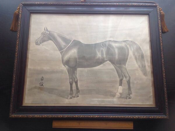 絵画:馬の肖像画 在銘「卓俊」 ※「青森県営競馬」優勝記念の肉筆額