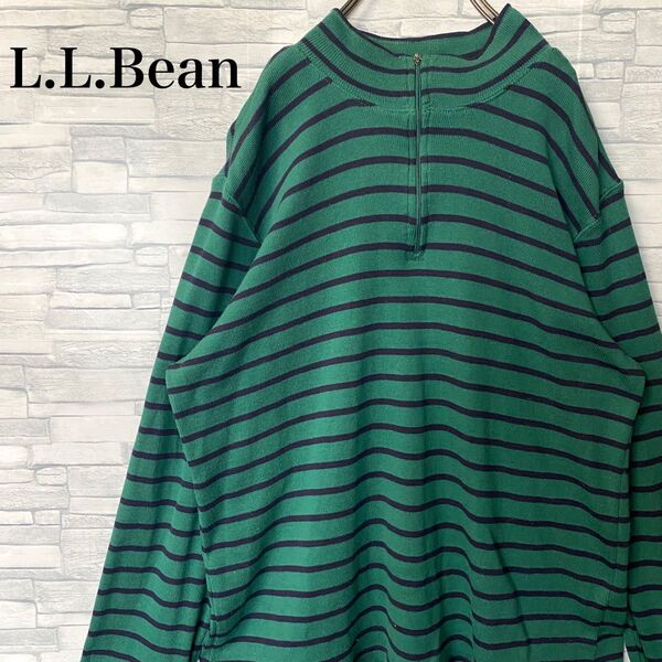 L.L.Bean エルエルビーン コットン 長袖 ハーフジップ ボーダー XLサイズ 緑 黒 プルオーバー 古着 ペルー製