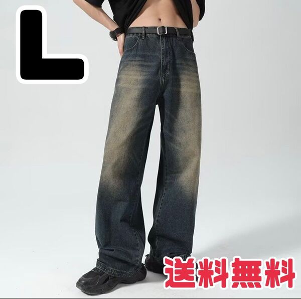 メンズバギーデニム ウォッシュドバギーパンツ レディースパンツヴィンテージ L
