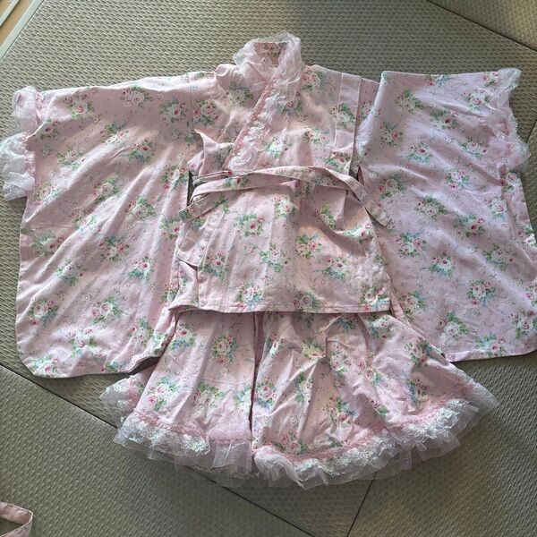子ども 浴衣 ハンドメイド ドレス浴衣 ピンク 花柄 100cm 女の子 子供服 着物 ピンク