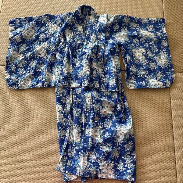 キッズ用青色花柄浴衣 100cm ハンドメイド 花柄 女児 花