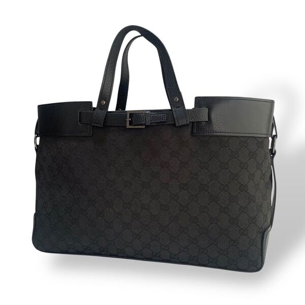美品 GUCCI グッチ トートバッグ A4 GGキャンバス レザー 肩掛け メンズ レディース ブラック 黒