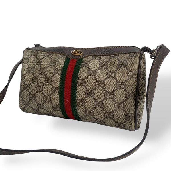 美品 GUCCI グッチ ショルダーバッグ クロスボディ シェリーライン GGスプリーム 斜めがけ レザー PVC ブラウン