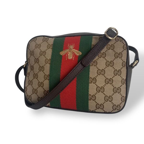 美品 希少 GUCCI グッチ ショルダーバッグ 斜めがけ シェリーライン ビー GGキャンバス レザー ブラウン