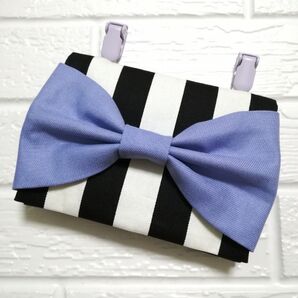 ★オーダーメイド★ストライプ ブルーラベンダー大きなリボン☆ クリップ付 ☆ 移動ポケット