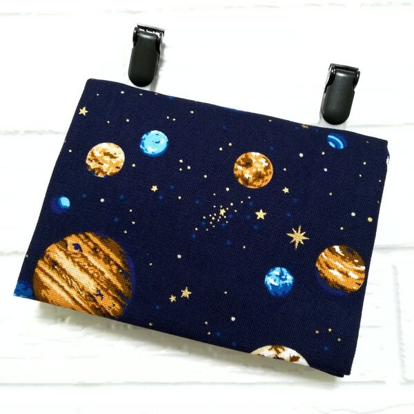 ★オーダーメイド★ ネイビー 宇宙惑星柄 ☆ クリップ付 ☆ 移動ポケット ☆ ハンドメイド