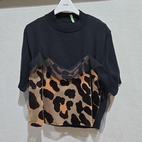 sacai レイヤードデザイン 半袖ニット 黒 ヒョウ柄 サイズ1