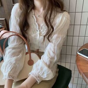 DHOLIC 同型 スカラップ レース シフォン ブラウス クリーム 韓国