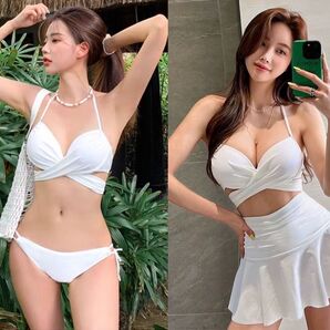 クロスデザイン ビキニ 3点セット 水着 レディース 体型カバー ホワイト 韓国