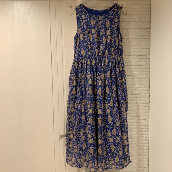 Noia コットンワンピース ロングワンピース ペーズリー ブルー インド綿 ノースリーブワンピース
