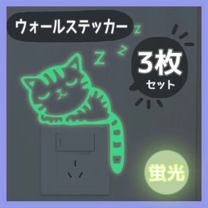 【再入荷】3枚 ネコ ウォールステッカー 蛍光 夜光 壁紙シール 子供部屋 電源スイッチ 猫 かわいい 暗闇 新品 未使用